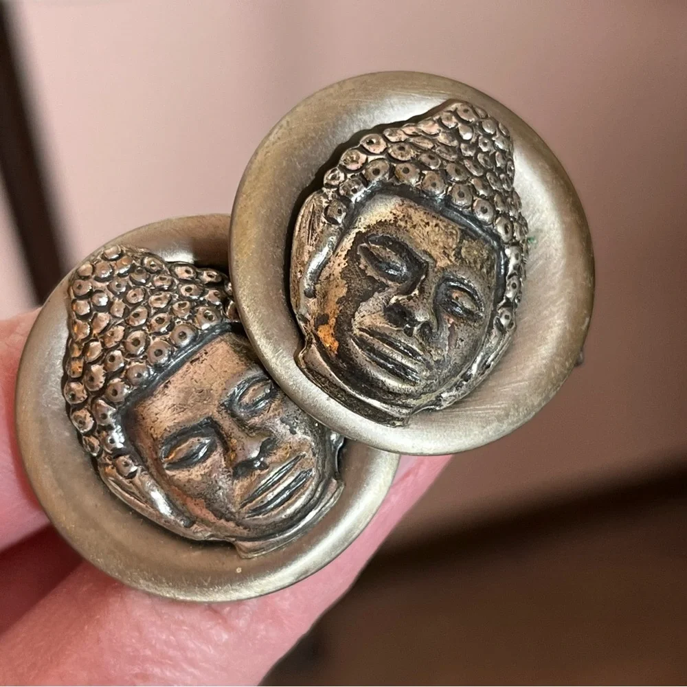 Vintage 1960 70 MCM Thailand Buddha Silver cosplay Oversized Art deco Cufflinks